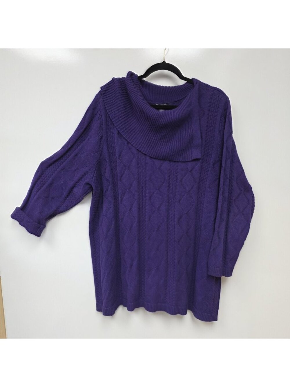 Roaman's Sweater Womens 1X Purple Cowl Neck Argyle Knit Pullover Plus Size